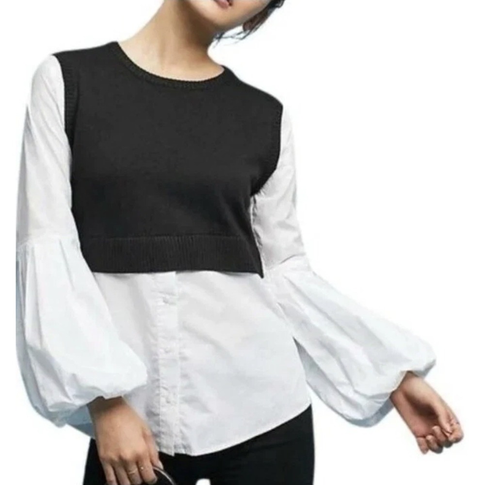Anthropologie Moth Womens Sweater Shirt Poplin top w/ balloon sleeve (M) Academy